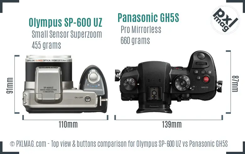 Olympus SP-600 UZ vs Panasonic GH5S top view buttons comparison