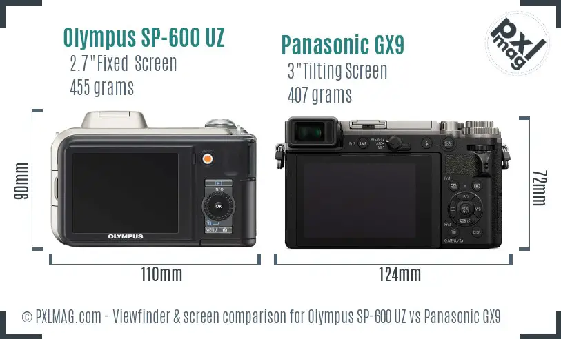 Olympus SP-600 UZ vs Panasonic GX9 Screen and Viewfinder comparison
