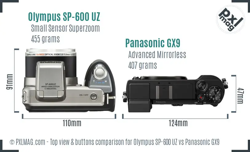 Olympus SP-600 UZ vs Panasonic GX9 top view buttons comparison