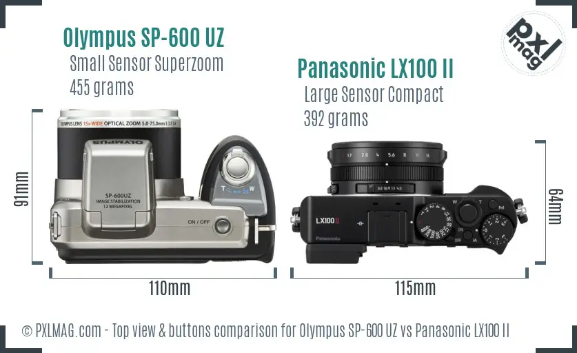 Olympus SP-600 UZ vs Panasonic LX100 II top view buttons comparison