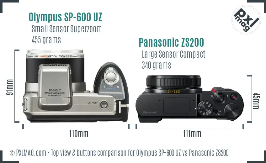 Olympus SP-600 UZ vs Panasonic ZS200 top view buttons comparison
