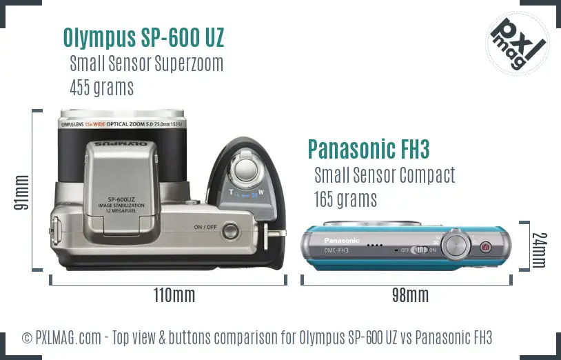 Olympus SP-600 UZ vs Panasonic FH3 top view buttons comparison