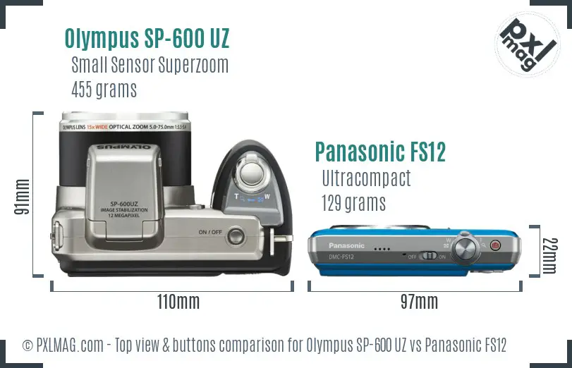 Olympus SP-600 UZ vs Panasonic FS12 top view buttons comparison