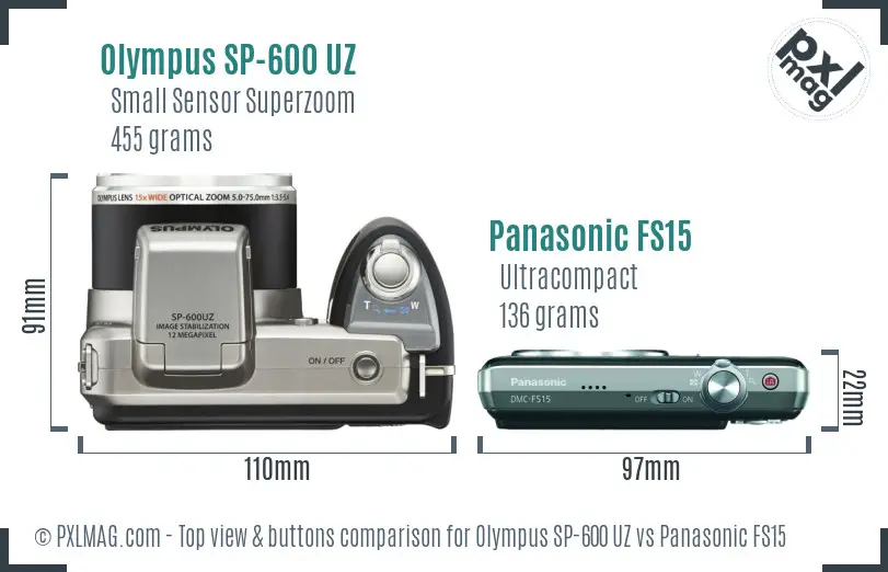 Olympus SP-600 UZ vs Panasonic FS15 top view buttons comparison