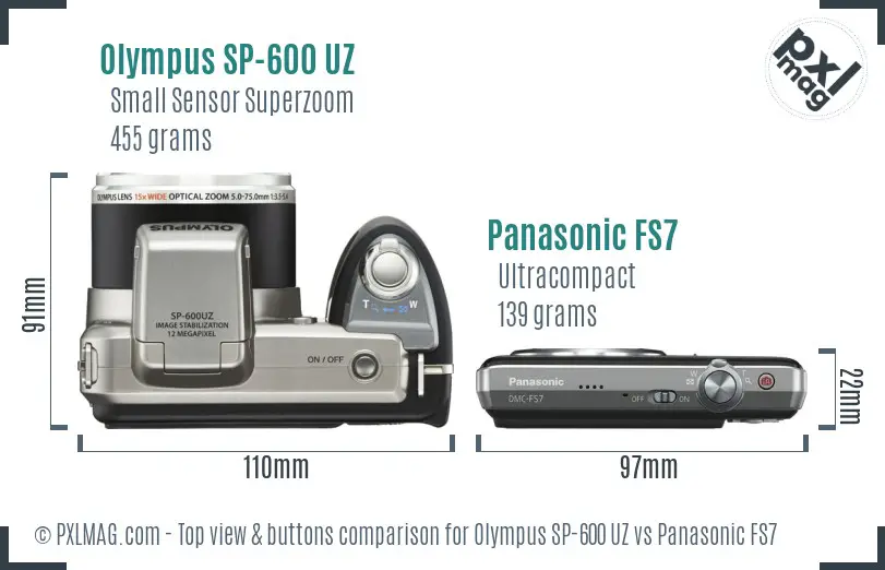 Olympus SP-600 UZ vs Panasonic FS7 top view buttons comparison
