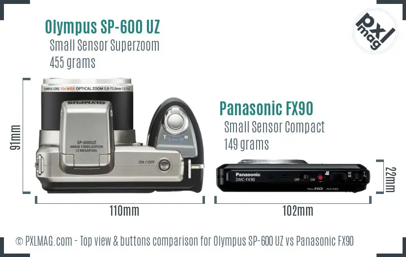 Olympus SP-600 UZ vs Panasonic FX90 top view buttons comparison