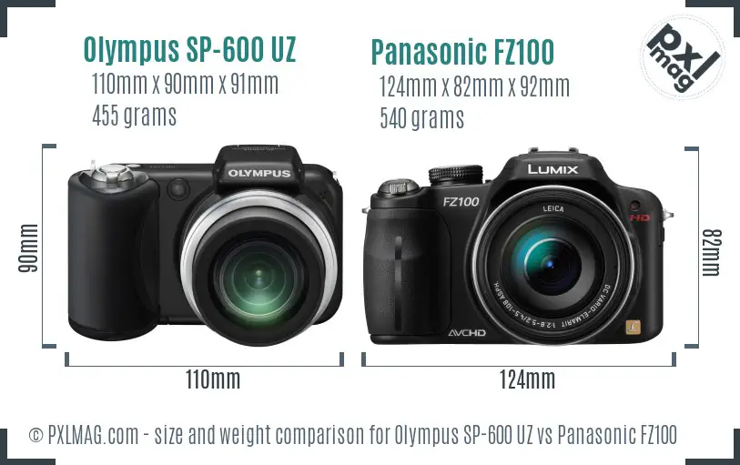 Olympus SP-600 UZ vs Panasonic FZ100 size comparison