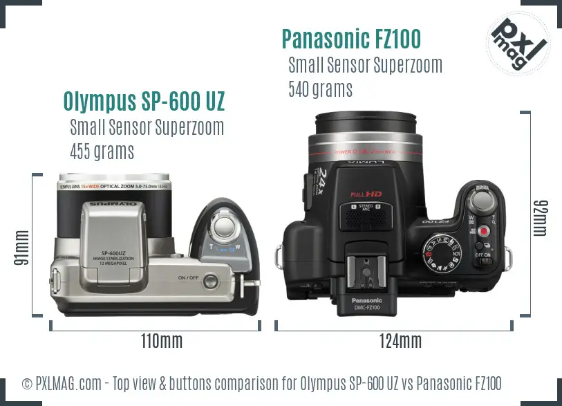 Olympus SP-600 UZ vs Panasonic FZ100 top view buttons comparison