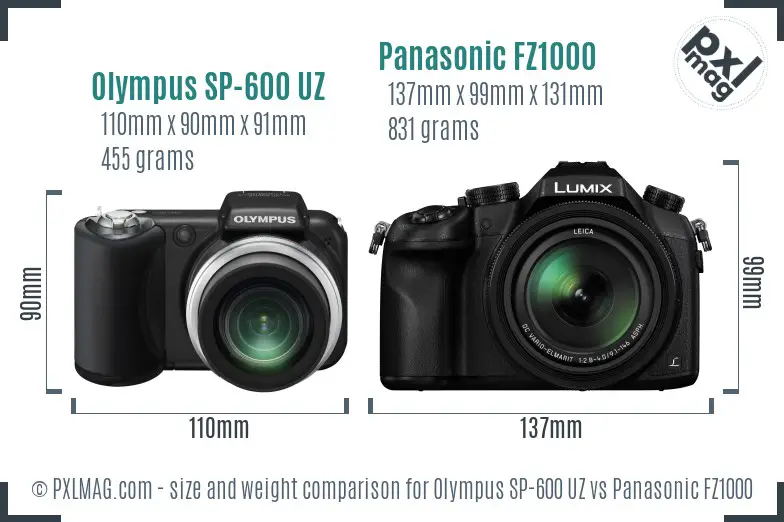 Olympus SP-600 UZ vs Panasonic FZ1000 size comparison