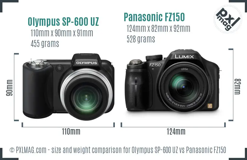 Olympus SP-600 UZ vs Panasonic FZ150 size comparison