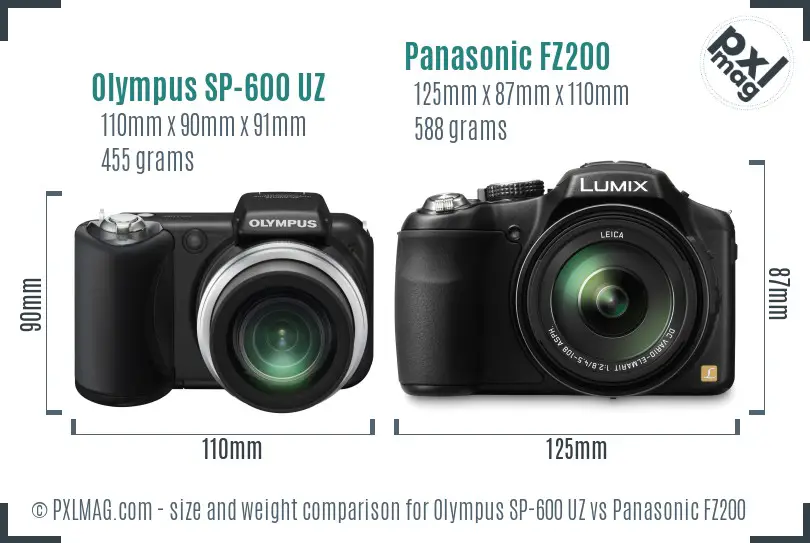 Olympus SP-600 UZ vs Panasonic FZ200 size comparison