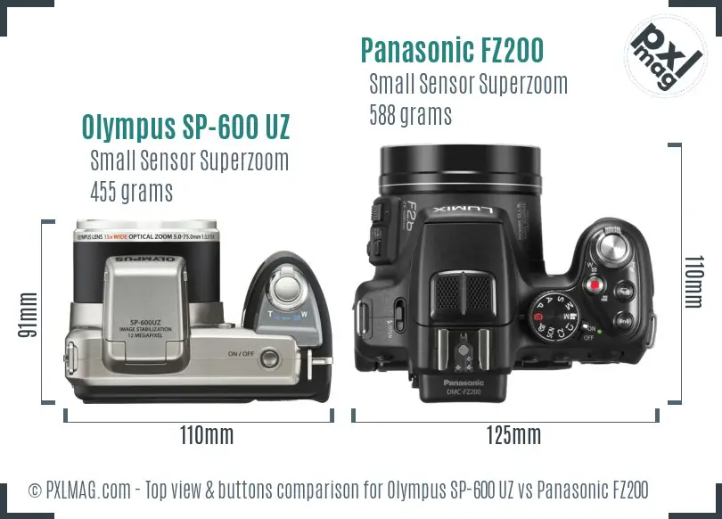 Olympus SP-600 UZ vs Panasonic FZ200 top view buttons comparison