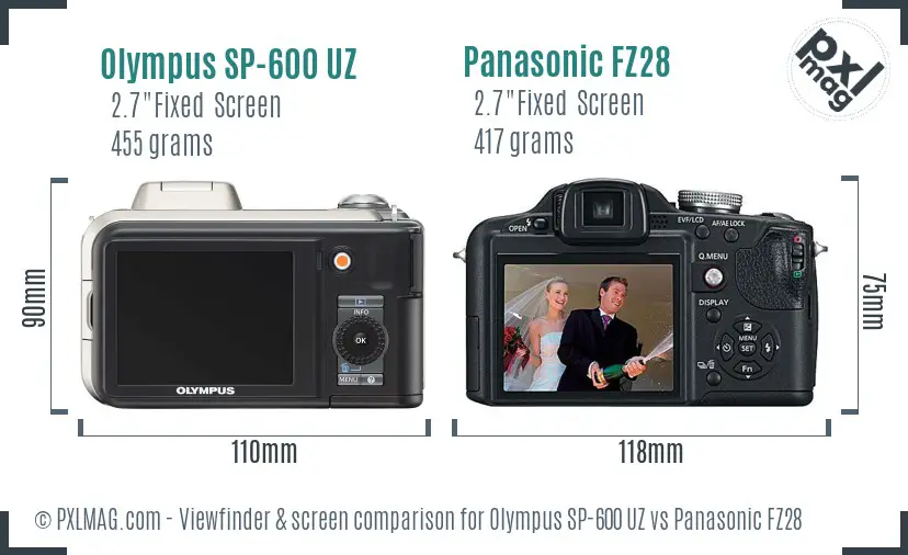 Olympus SP-600 UZ vs Panasonic FZ28 Screen and Viewfinder comparison