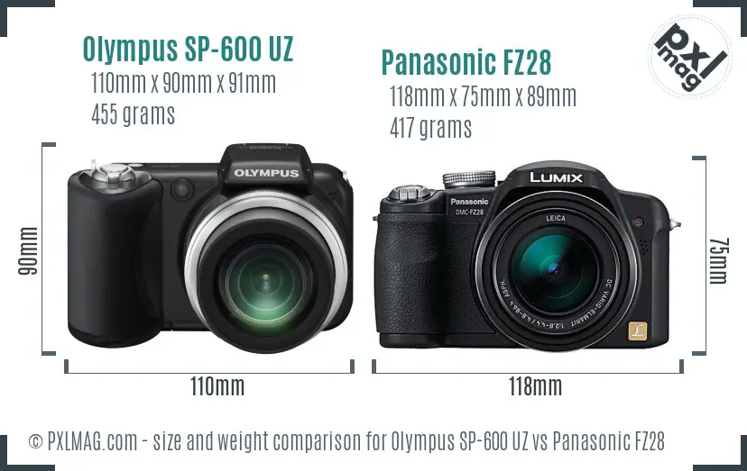 Olympus SP-600 UZ vs Panasonic FZ28 size comparison