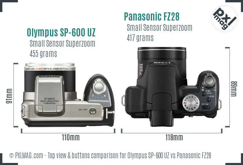 Olympus SP-600 UZ vs Panasonic FZ28 top view buttons comparison