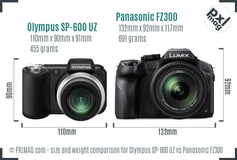 Olympus SP-600 UZ vs Panasonic FZ300 size comparison