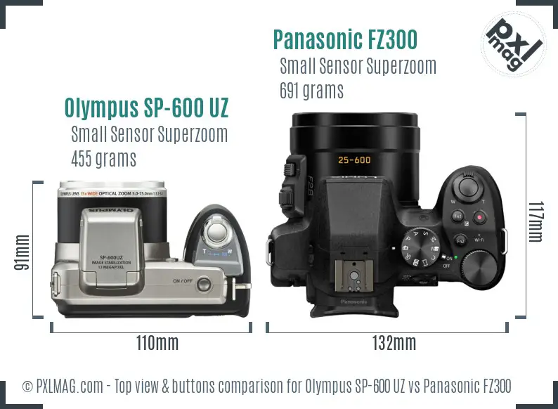 Olympus SP-600 UZ vs Panasonic FZ300 top view buttons comparison