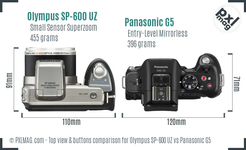 Olympus SP-600 UZ vs Panasonic G5 top view buttons comparison
