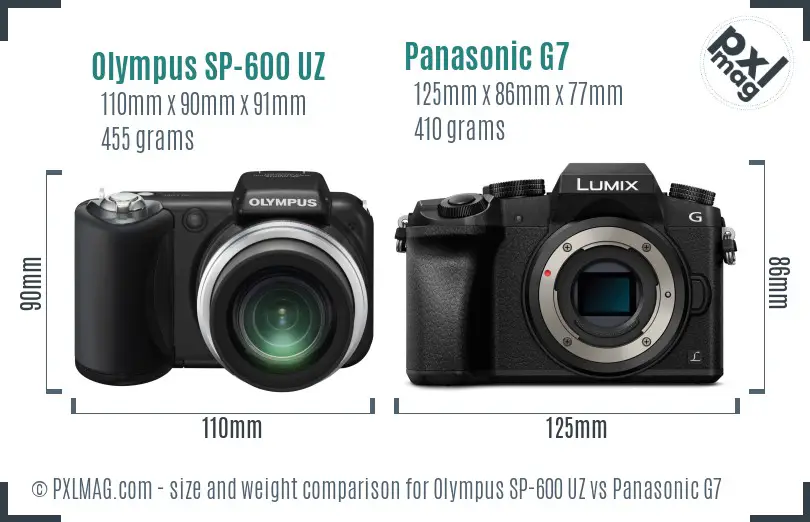 Olympus SP-600 UZ vs Panasonic G7 size comparison