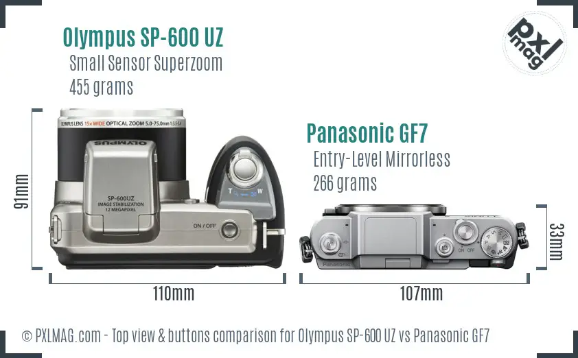 Olympus SP-600 UZ vs Panasonic GF7 top view buttons comparison