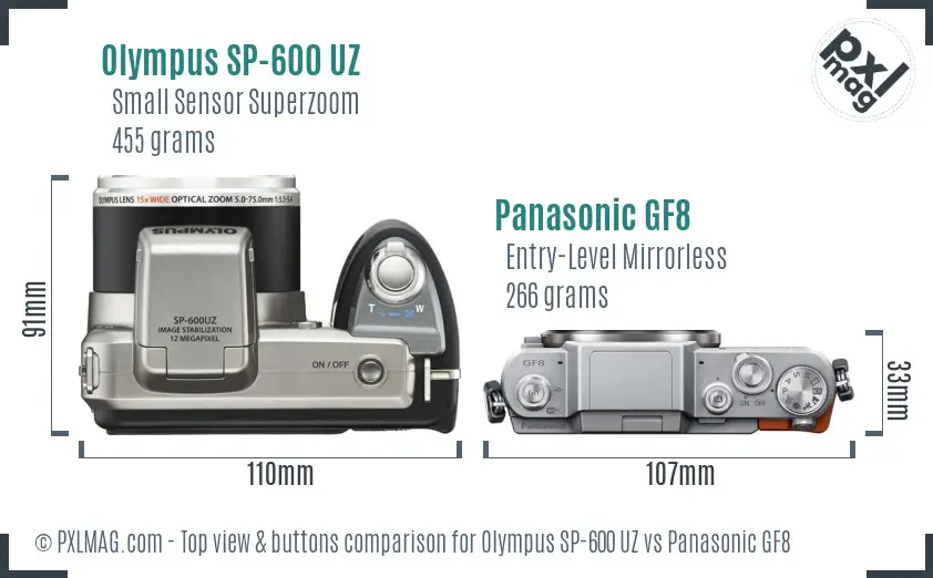 Olympus SP-600 UZ vs Panasonic GF8 top view buttons comparison