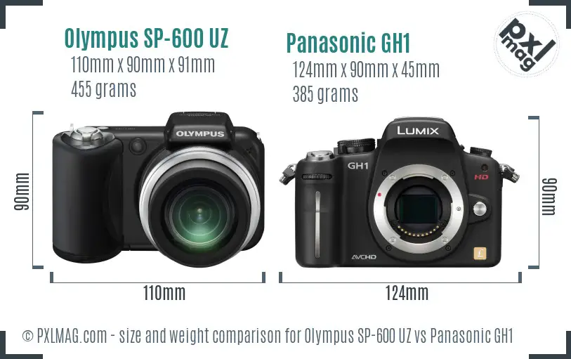 Olympus SP-600 UZ vs Panasonic GH1 size comparison