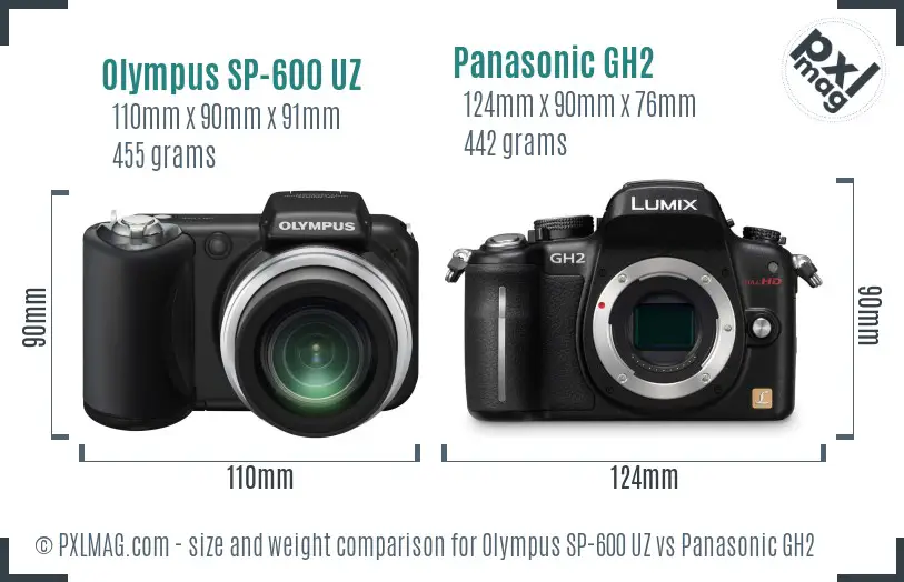Olympus SP-600 UZ vs Panasonic GH2 size comparison