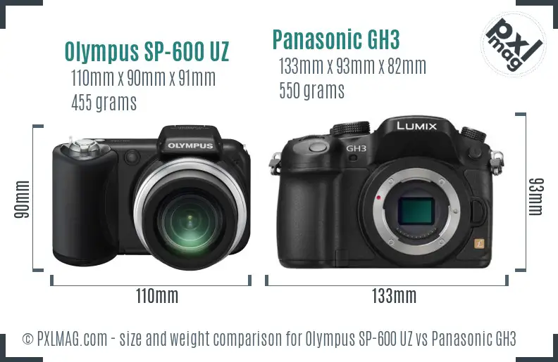 Olympus SP-600 UZ vs Panasonic GH3 size comparison