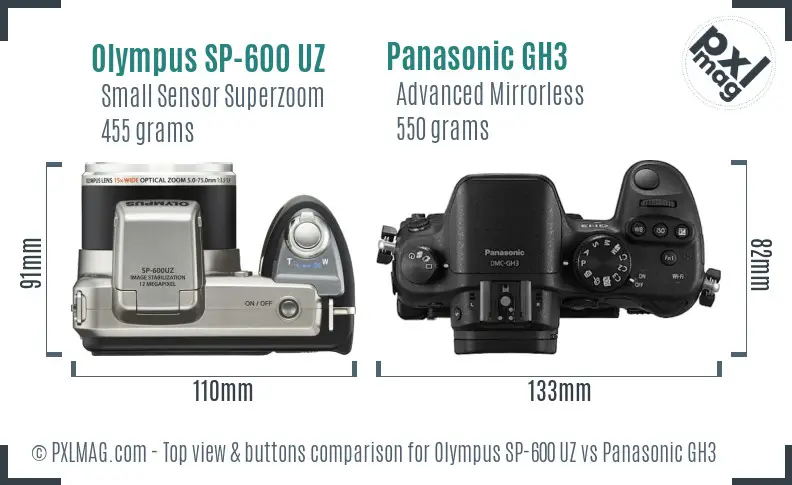 Olympus SP-600 UZ vs Panasonic GH3 top view buttons comparison