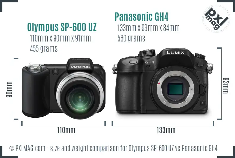 Olympus SP-600 UZ vs Panasonic GH4 size comparison