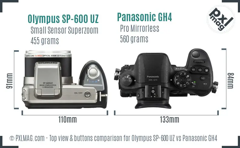 Olympus SP-600 UZ vs Panasonic GH4 top view buttons comparison