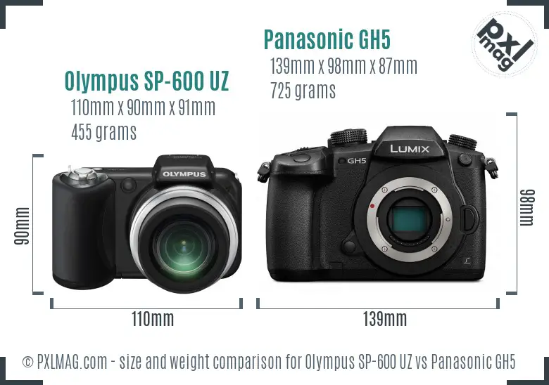 Olympus SP-600 UZ vs Panasonic GH5 size comparison