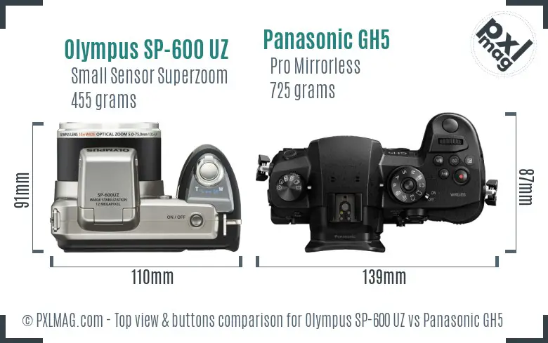 Olympus SP-600 UZ vs Panasonic GH5 top view buttons comparison