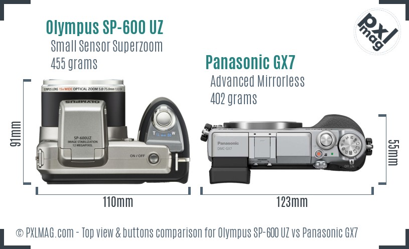 Olympus SP-600 UZ vs Panasonic GX7 top view buttons comparison