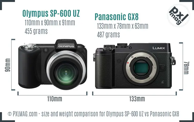 Olympus SP-600 UZ vs Panasonic GX8 size comparison