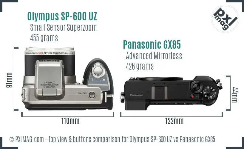 Olympus SP-600 UZ vs Panasonic GX85 top view buttons comparison