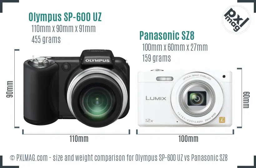 Olympus SP-600 UZ vs Panasonic SZ8 size comparison