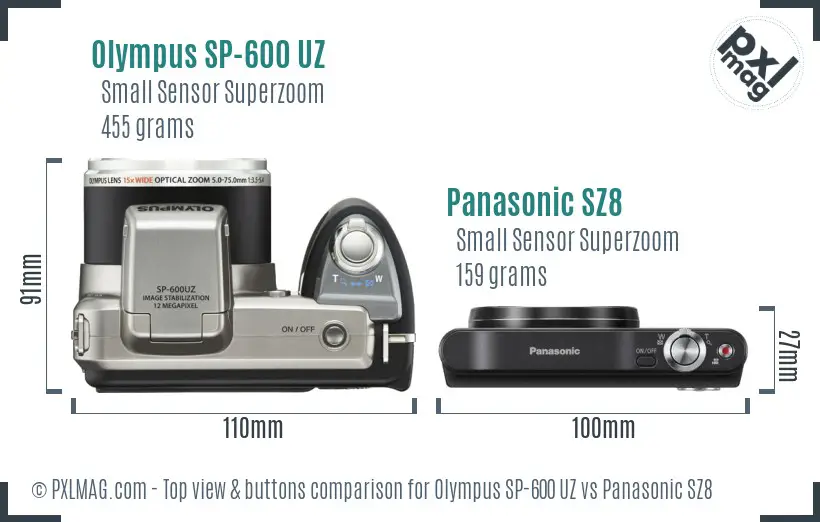Olympus SP-600 UZ vs Panasonic SZ8 top view buttons comparison