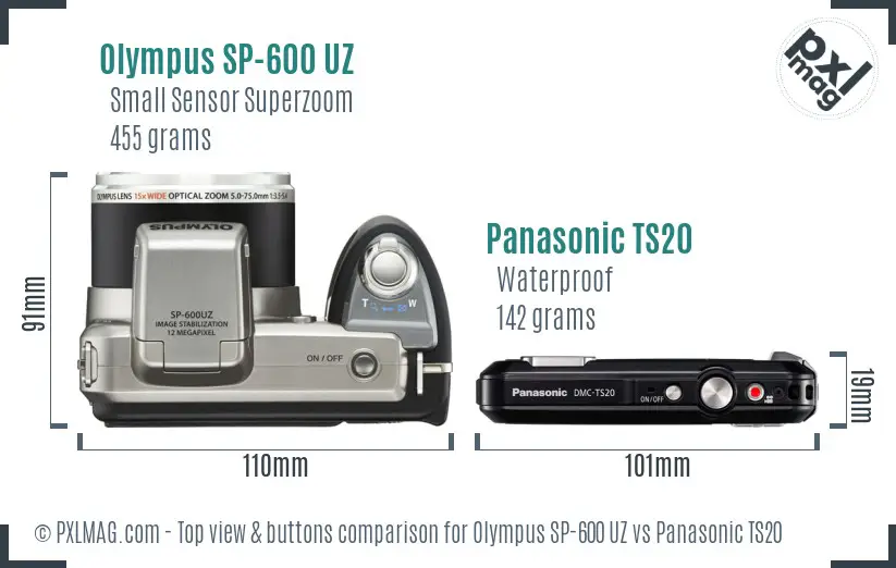 Olympus SP-600 UZ vs Panasonic TS20 top view buttons comparison