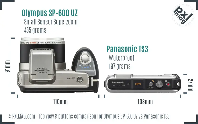 Olympus SP-600 UZ vs Panasonic TS3 top view buttons comparison