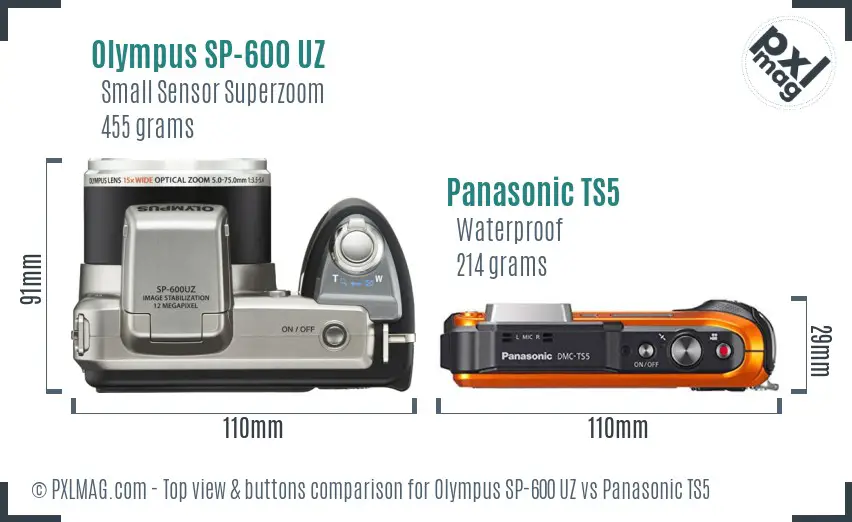 Olympus SP-600 UZ vs Panasonic TS5 top view buttons comparison