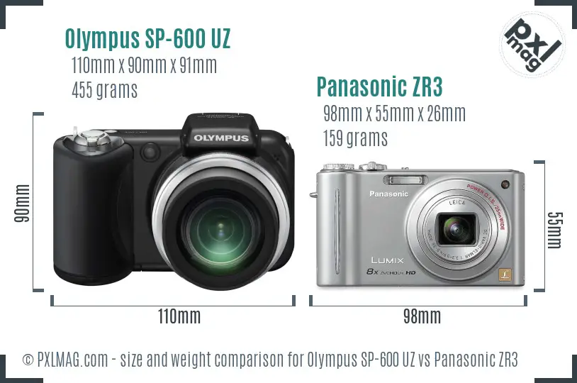 Olympus SP-600 UZ vs Panasonic ZR3 size comparison