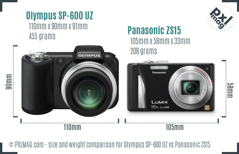 Olympus SP-600 UZ vs Panasonic ZS15 size comparison