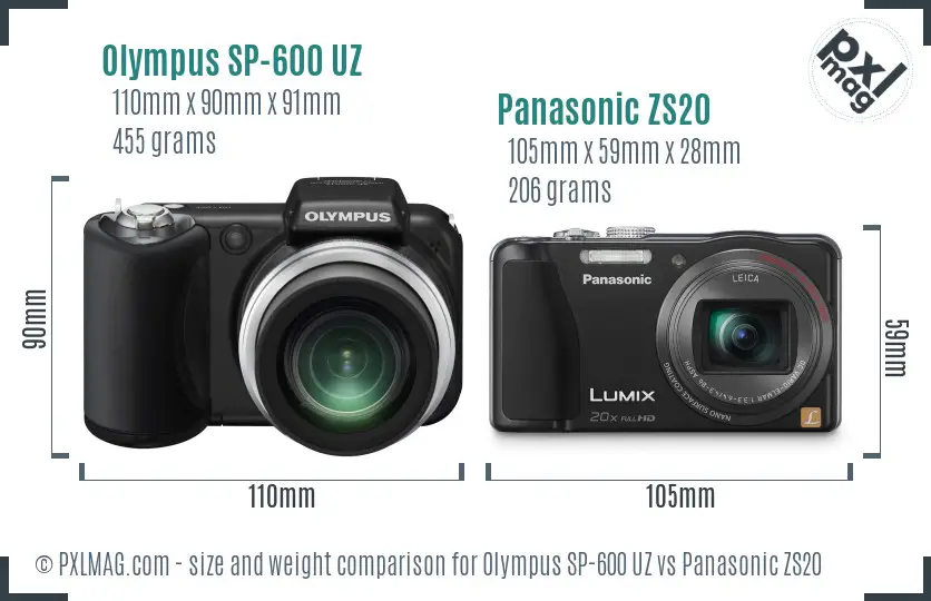 Olympus SP-600 UZ vs Panasonic ZS20 size comparison