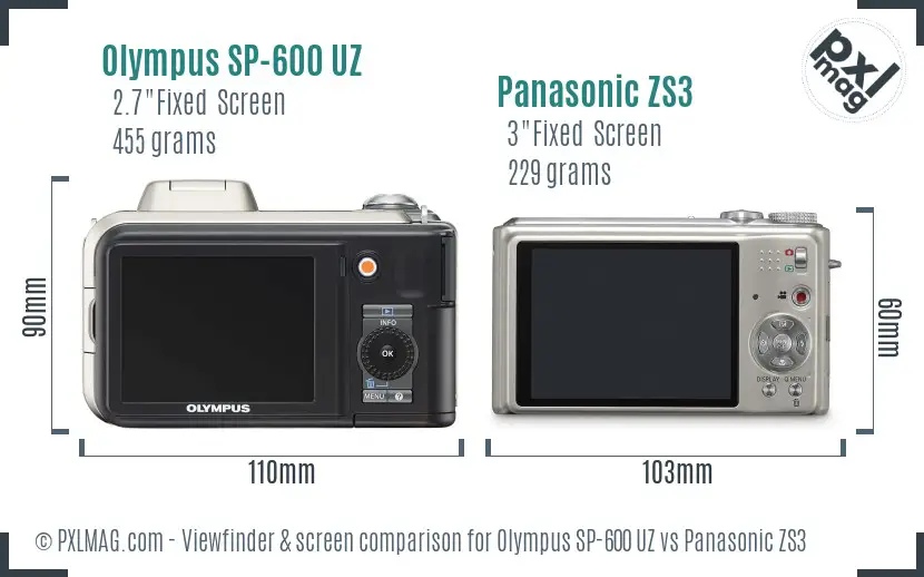 Olympus SP-600 UZ vs Panasonic ZS3 Screen and Viewfinder comparison