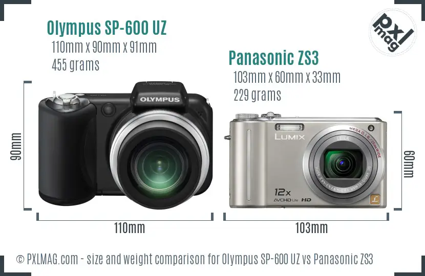 Olympus SP-600 UZ vs Panasonic ZS3 size comparison