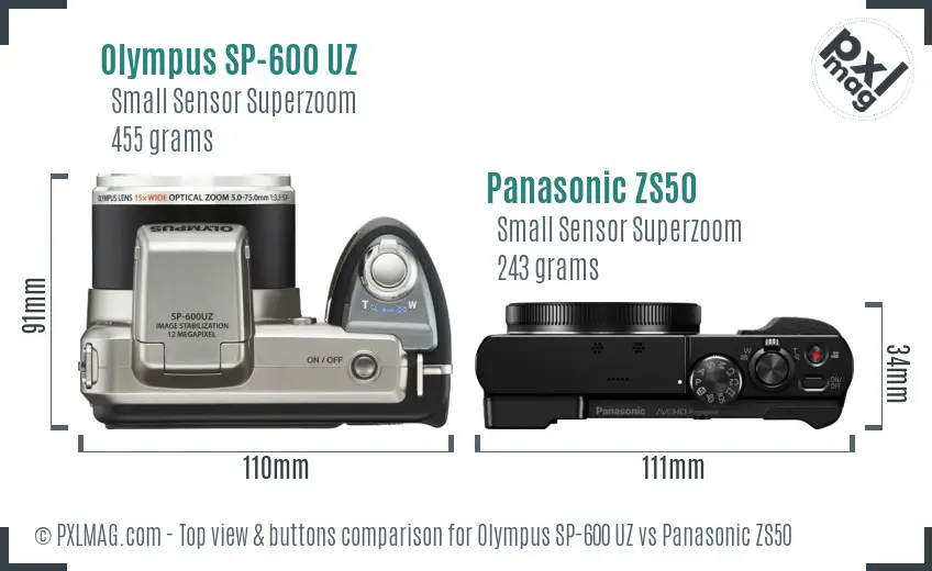 Olympus SP-600 UZ vs Panasonic ZS50 top view buttons comparison