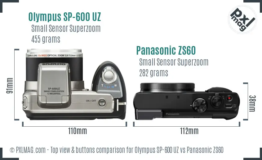 Olympus SP-600 UZ vs Panasonic ZS60 top view buttons comparison