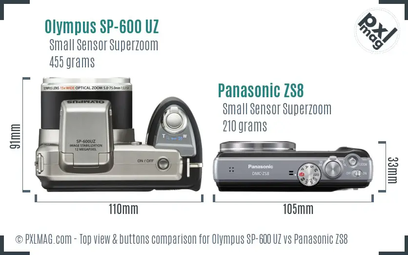 Olympus SP-600 UZ vs Panasonic ZS8 top view buttons comparison