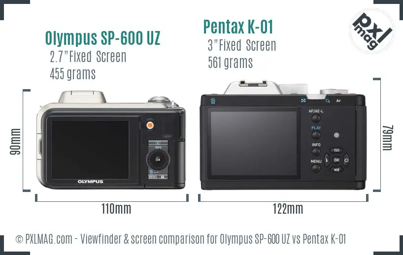 Olympus SP-600 UZ vs Pentax K-01 Screen and Viewfinder comparison